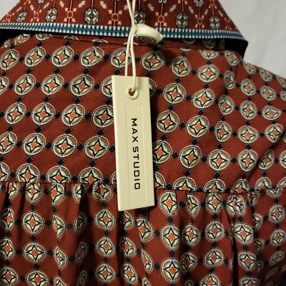MAX STUDIO Women's Long-Sleeve Blouse Red & Tan Geometric Design Size XSmall NWT - Picture 6 of 7